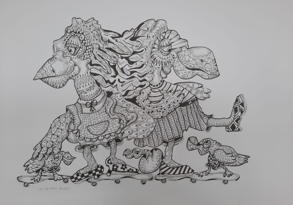 De Skaters 45x60 cm pentekening Kitty de Man "De Skaters"- pentekening = 45x60 cm - incl. lijst en passe-partout - Kitty de Man