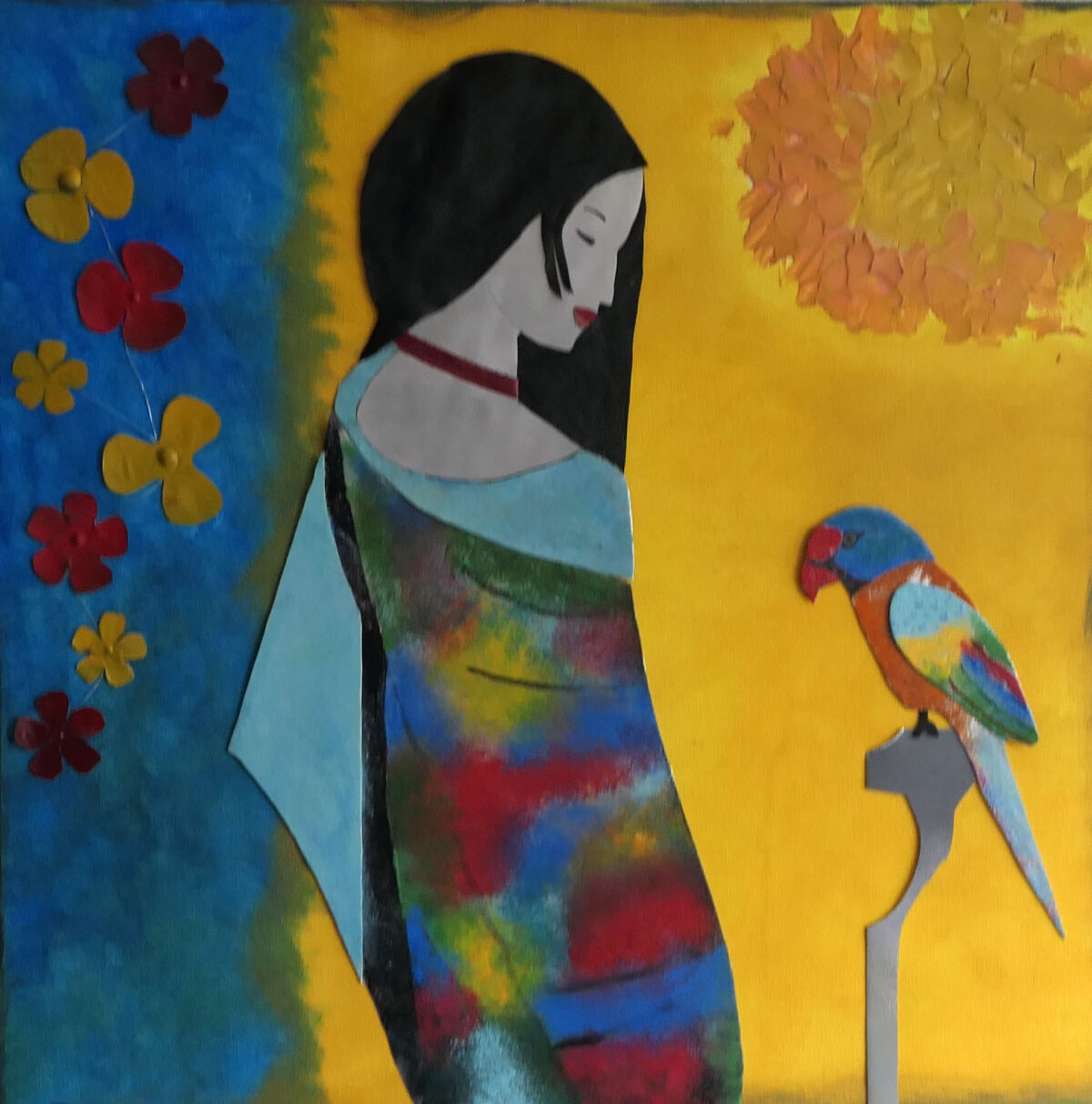 "Vrouw met papegaai "- koud geëmailleerd metaal en leer - 50x50cm - José Noé