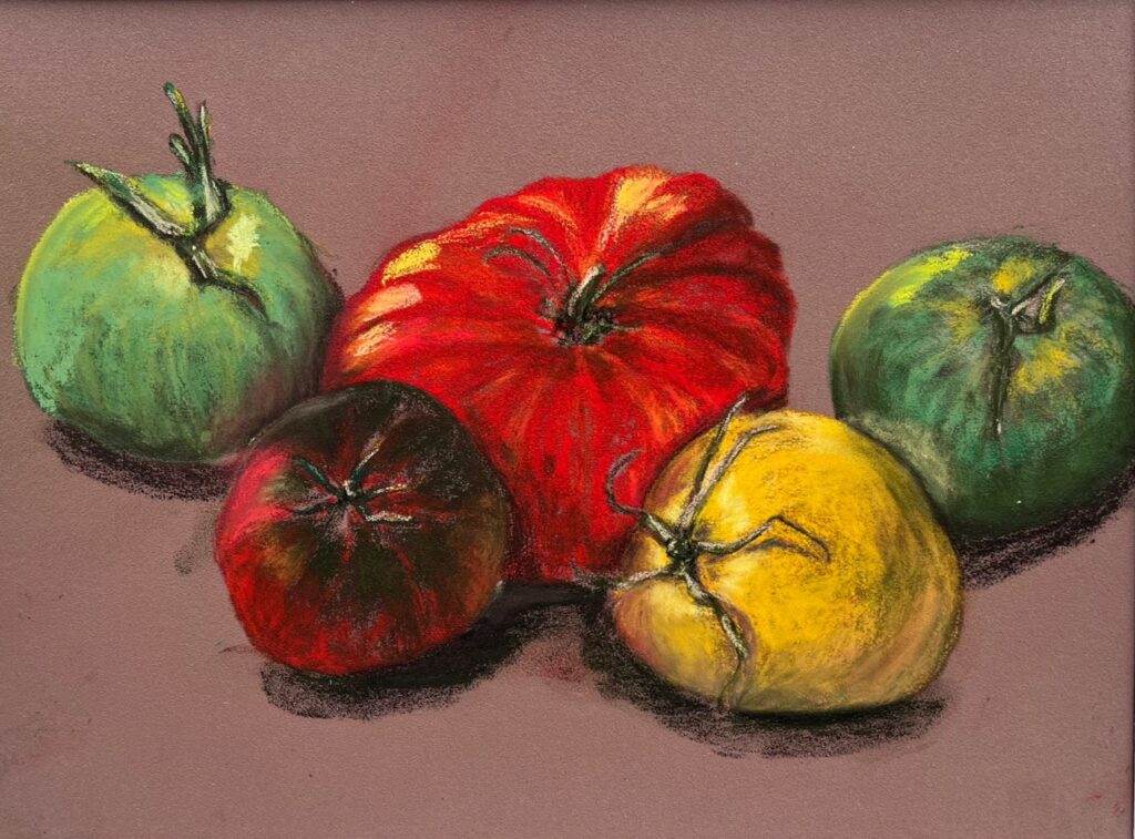 "Ouderwetse tomaten"- soft pastel op pastelmat - 29x22 cm incl. passe-partout - Monique Adriaansen