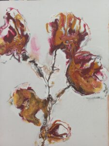 "Bloei"- canvas op board - gesso, acryl, bister en goudpoeder - 30x40 cm - Liesbeth Overdijk