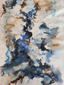 "Flow Water"- op linnen - gesso, acryl, bister en goudpoeder - 99x60 cm - Liesbeth Overdijk