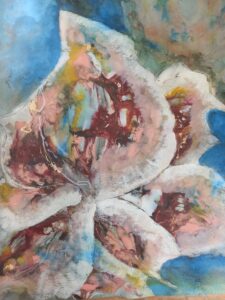 "Gladiool"- op doek - gesso, acryl, bister en goudpoeder - 69x60 cm - Liesbeth Overdijk