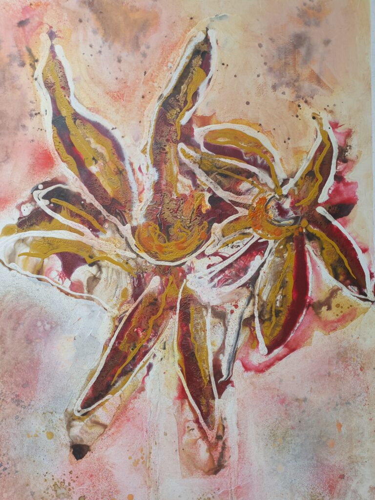 "Montaigu"- papier op board - gesso, acryl, bister en goudpoeder - 50x70 cm - Liesbeth Overdijk