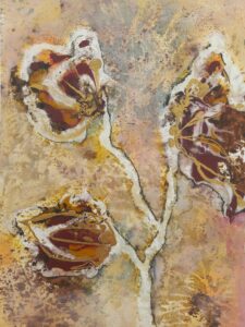 "Openbloeien" - papier op board - gesso, acryl, bister en goudpoeder - 40x50 cm - Liesbeth Overdijk