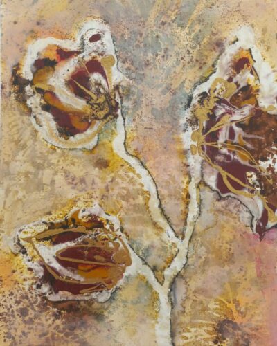 Liesbeth Opbloeien 30 x 40, papier op board, gesso, acryl, bister, goudpoeder "Openbloeien" - papier op board - gesso, acryl, bister en goudpoeder - 40x50 cm - Liesbeth Overdijk