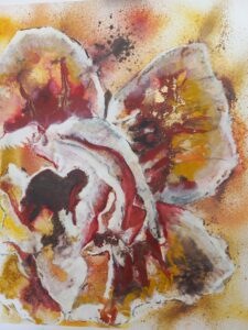 "Openbloeien" - papier op board - gesso, acryl, bister en goudpoeder - 40x50 cm - Liesbeth Overdijk